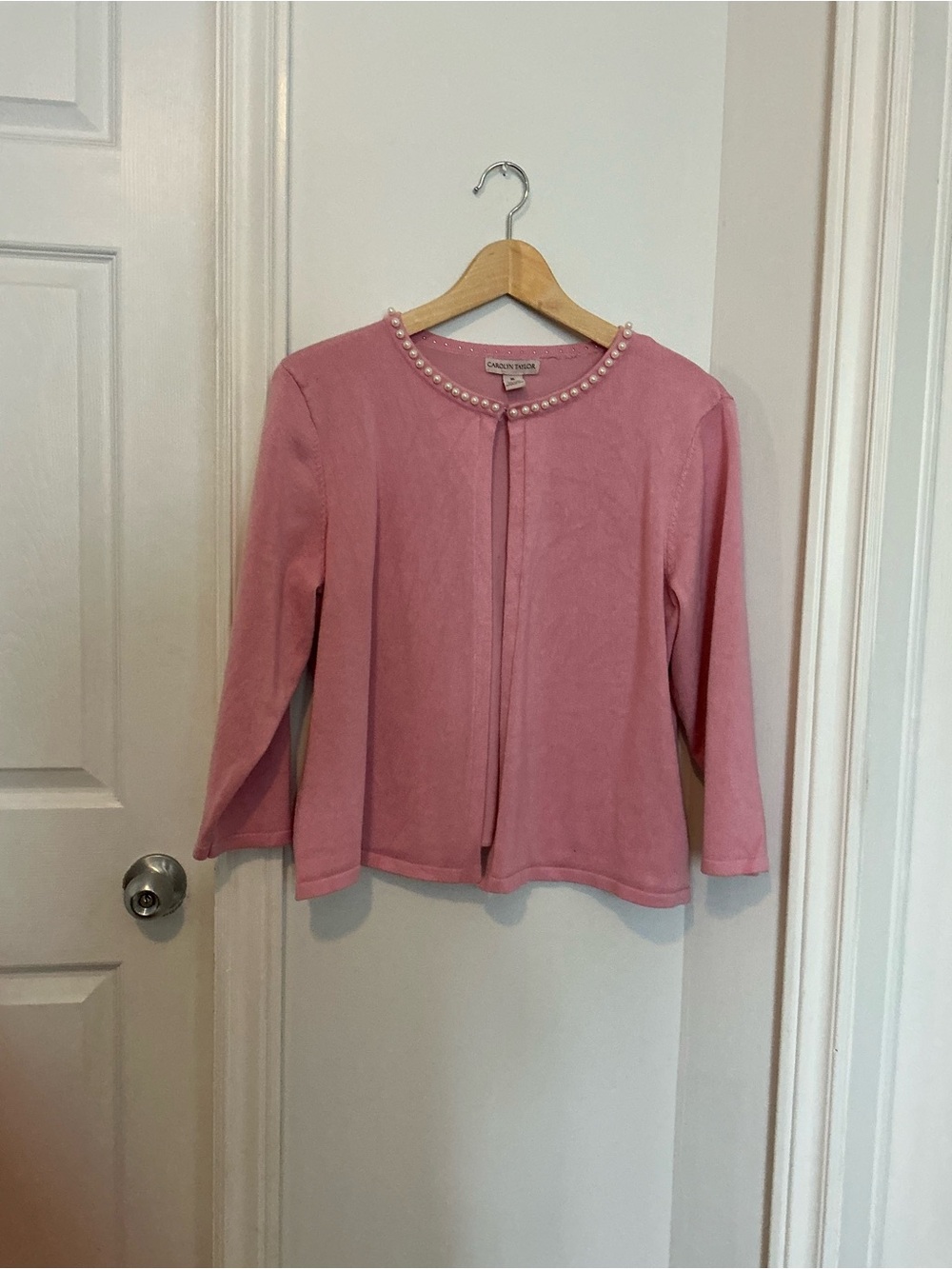 Vintage Pink Pearl-Trim Cardigan - Repaired